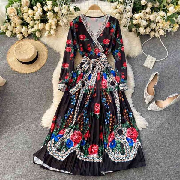 

spring fall fashion cross printted long dress temperament vestidos female v-neck sashes bow holiday 210602, Black;gray