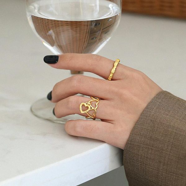 

cluster rings real 925 silver ring for women open gold heart size adjustable girls women's jewelery year gift, Golden;silver