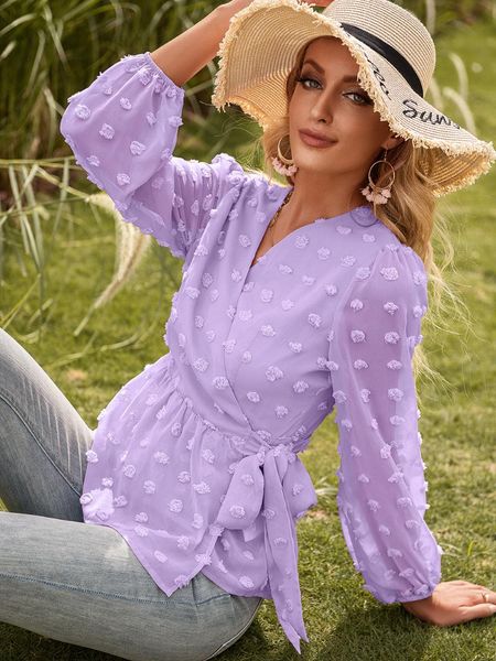 

women's blouses & shirts women office lady front cross sashes purple chiffon blouse lantern sleeve v neck high street shirt 2021 autumn, White