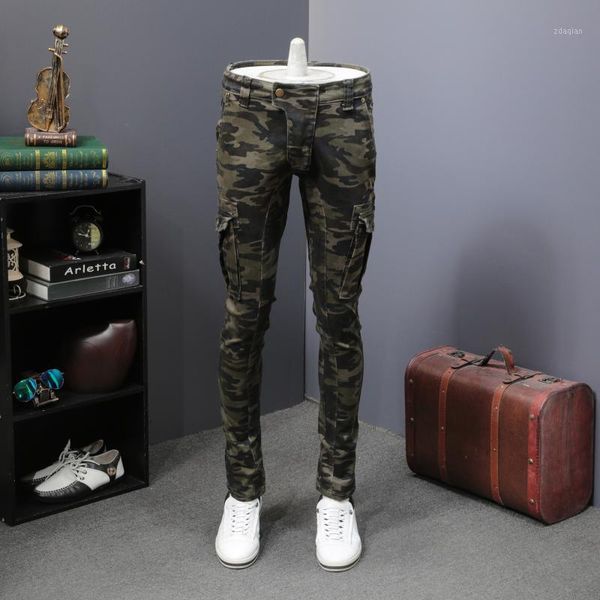 

men's jeans green camouflage slim fit pencil pants patchwork retro trousers military, Blue
