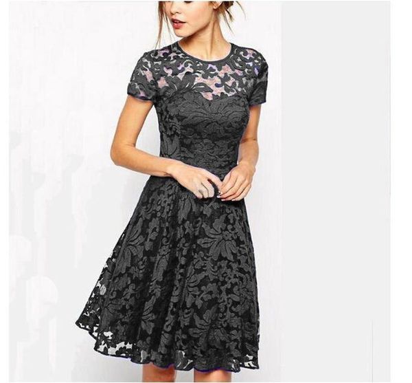 

summer dress women short sleeve o-neck solid lace hollow out midi fashion casual white elegant woman dresses robe femme vestidos, Black;gray