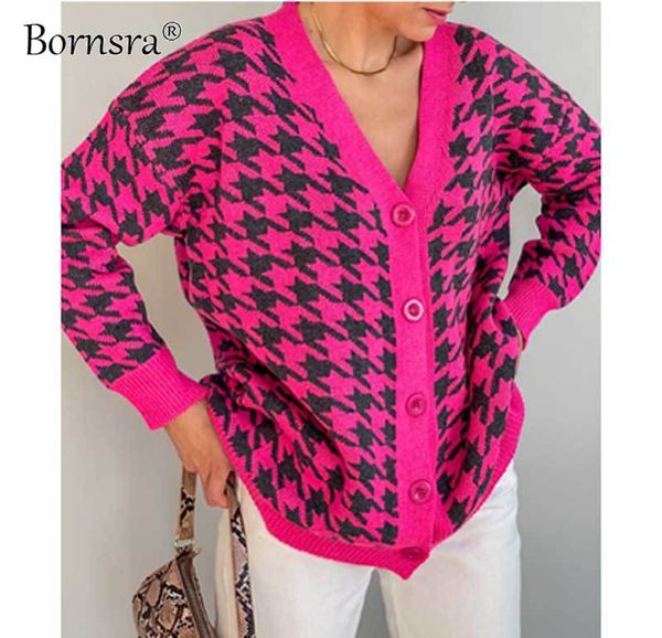 

bornsra 2021 sweater womens loose v-ne houndstooth long sleeve knit cardigan jaet contrast color regular sweater women, Black