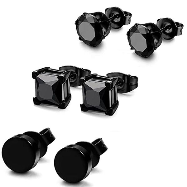 

stud 3 pairs stainless steel black earrings for men women cz 6mm available, Golden;silver