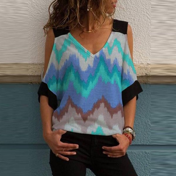 

women's fashion dazzling printed v-neck strapless short-sleeved t-shirt, White