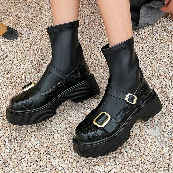 

boots concise warm autumn winter motorcycle fashion women cow leather high heels ankle platform shoes woman, Black