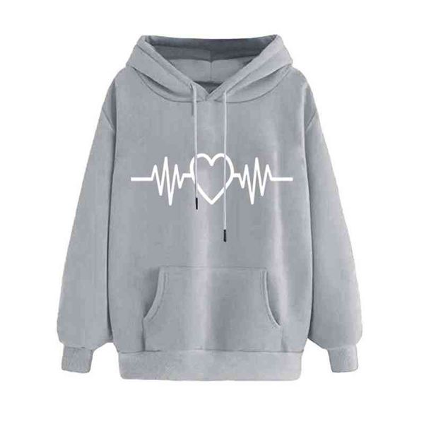 

women sweatshirt hoody ladies hooded heartbeat printed casual pullovers girls long sleeve autumn winter clothes plus size, Black