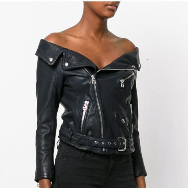 

women's leather & faux spring sheepskin real jacket female long sleeve lapel punk biker short coat streetwear outerwear cxff, Black
