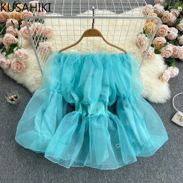 

kusahiki mesh slash neck women shirts blouses puff sleeve slim waist sweet blusas femme korean mujer 6g966 210602, White