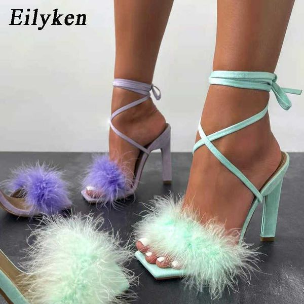

2022 classic luxury new women sandals square toe furry feather summer fashion ankle cross lace-up ladies party dress shoes pumps paris desig, Black