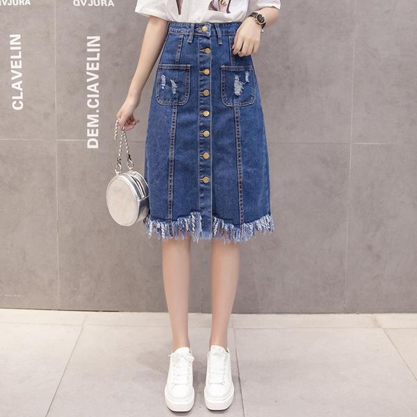 

skirts lguc.h ripped denim midi skirt summer jeans womens 2021 fashion high waist a line jupe jean femme korean style blue, Black