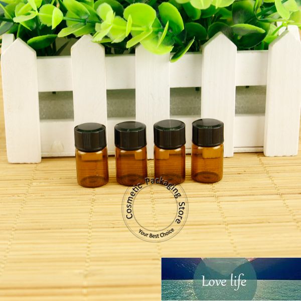 Wholesale 1Glass 3ml Amber Essential Oil Bottle Mini 1/10OZ Black Lid Small Women Cosmetic Jar Sample Vial Refillable