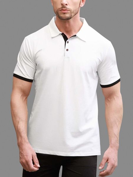 

men contrast binding half button placket polo shirt a6gy#, White;black