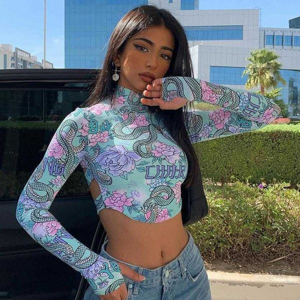 

and 2021 spring autumn women's vertical collar printing open back fashion slim bottomed long sleeve t-shirt top, White