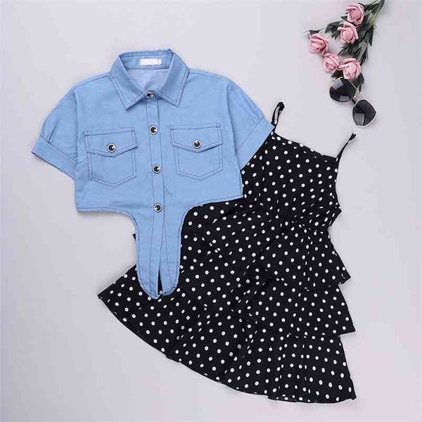 

spring &summer girls clothing set sling polka dot dress+denim short sleeve coat 2pcs suit 210528, White