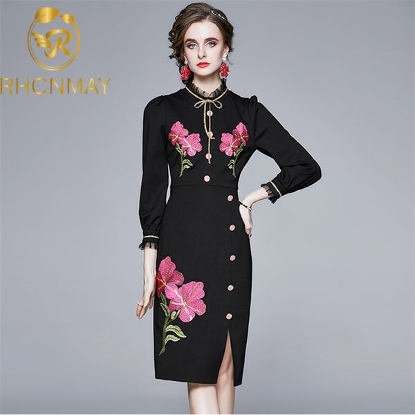 

fashion designer dress autumn women's stand collar long sleeve flowers embroidery package buttocks es 210520, Black;gray