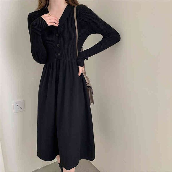 

one-piece korean mid-length v-neck knitted dress womens fall winter over-the-knee sweater dress bottoming casual, Black;gray