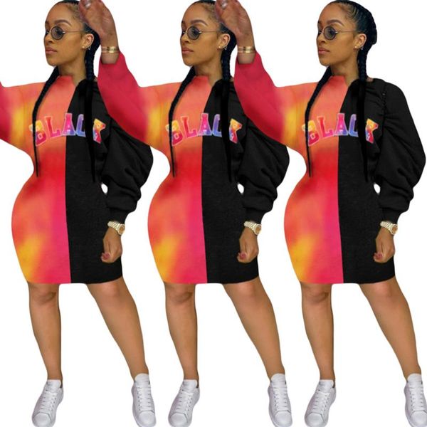 

casual dresses fashionable women defined waist sweater dress female match color long sleeve crew neck letter print short hip hop outfit, Black;gray