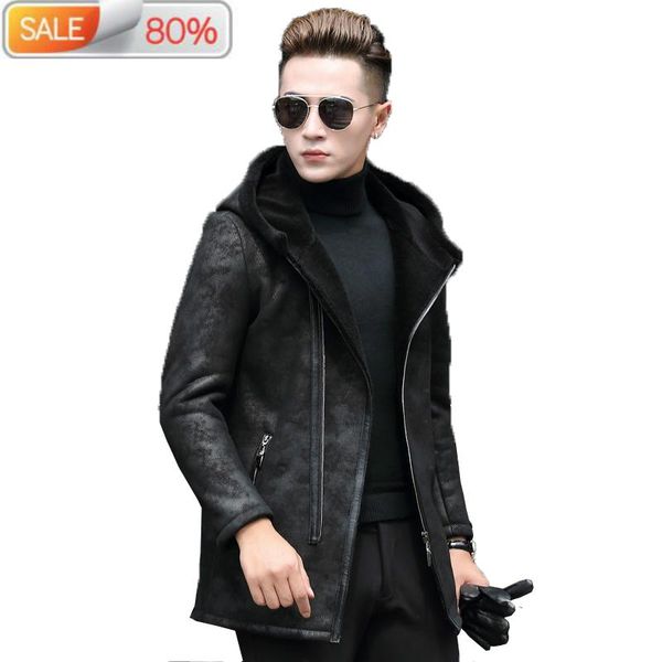 

men's leather & faux genuine jacket men winter long coat sheepskin jackets natural wool fur coats cuero genuino a70a b2a19, Black
