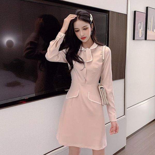 

casual dresses pink korean style kawaii dress women long sleeve s-xl bowtie elegant ladies sweet button a line mini vestidos mujer 2021, Black;gray