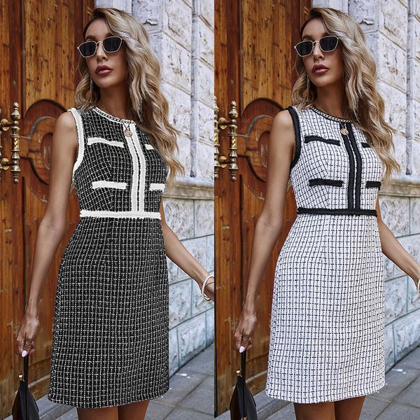 

2021 autumn and winter ladies dress fashion all-match small fragrance sleeveless plaid urban casual bottoms, Black;gray