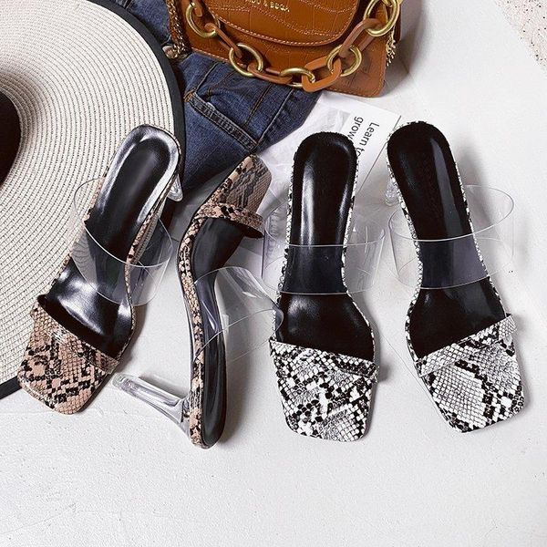 

women transparent shoes 2021 summer home jelly slippers high heel clear snake print ladies slides, Black