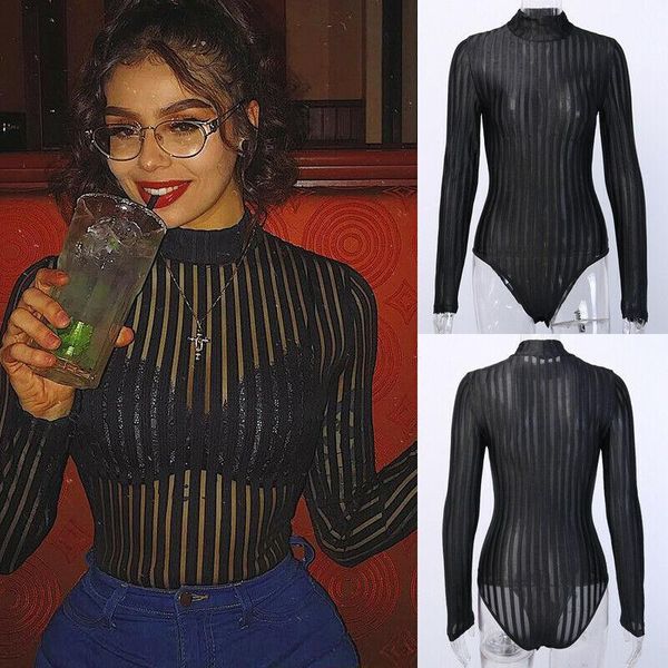

women's jumpsuits & rompers 2021 elegant women stripe see through bodysuit mesh bodycon leotard lady fashion long sleeves, Black;white