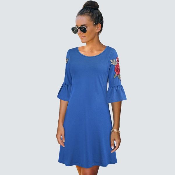 

women casual solid color retro embroidery rose flare sleeve straight loose breif dress 1ht019 dresses, Black;gray