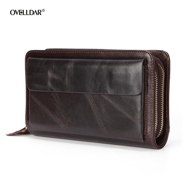 

spot first layer genuine leather men's wallet long oil wax cowhide double zipper bag retro business card holder wallets, Red;black