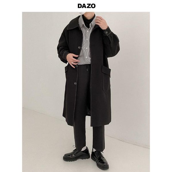 

men's wool & blends japanese retro ming series windbreaker mid-length loose and handsome over-the-knee coat autumn trend, Black
