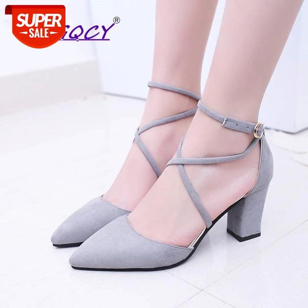 

pointed toe suede square heel high heels pumps women shoes 2019autumn summer hollow riband buckle strap ladies #c61a, Black