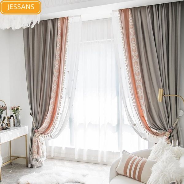 

curtain & drapes nordic princess style gray pink velvet lace stitching blackout curtains bedroom living room customization finished product