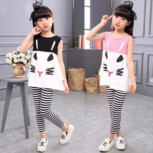 

summer 3 4 5 6 7 8 9 10 year children clothing cartoon cat vest t shirt stripe legging 2pcs, White