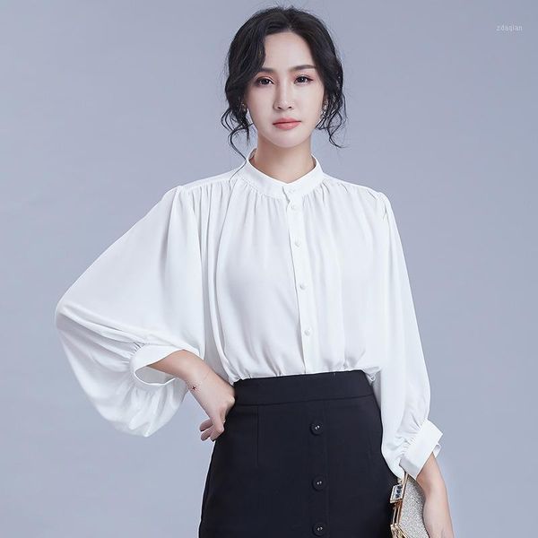 

women's blouses & shirts spring stand collar lantern sleeve cardigan solid women clothing chiffon shirt girl long pleated white blouse