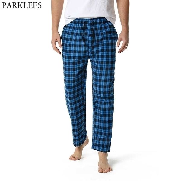 Blu Plaid Mens Pigiama Bottom Pantaloni Sleepwear Lounging Relaxed House PJs Pantaloni Uomo Casual Coulisse Button Fly Pigiama Homme 3XL 210522