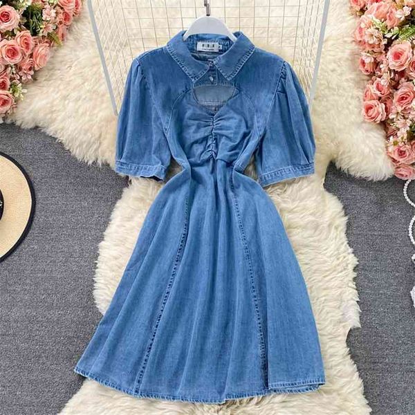 

summer women denim dress fashion turn-down collar short sleeve hollow out front a-line mini jeans vestidos 210603, Black;gray