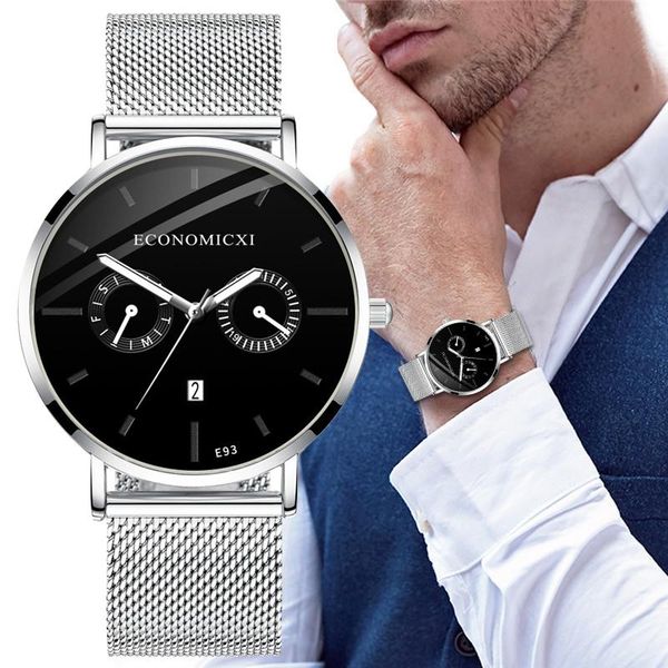 

wristwatches fashion brand economicxi men simple quartz clock silm mesh belt calendar luminous hands male wrist watch reloj hombre, Slivery;brown