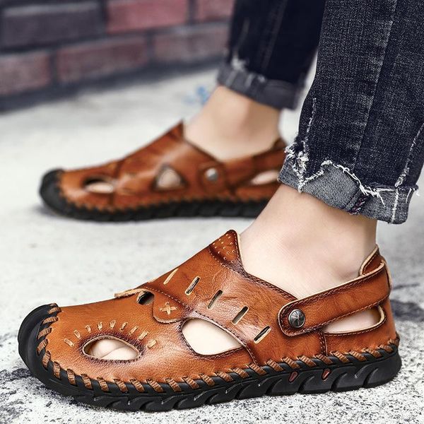 

sandals large size men's summer british fashion man genuine leather beach shoes men massage non-slip big slippers flats, Black