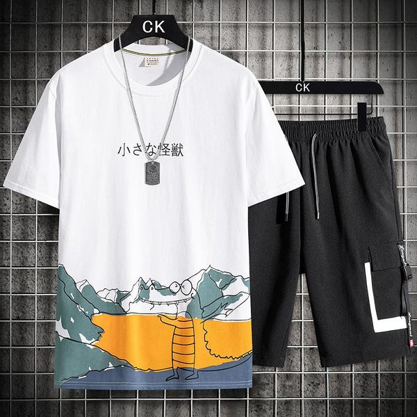 

men's tracksuits pure cotton short-sleeved casual suit trendy fashion all-match cartoon printing loose large size round neck shorts 202, Gray