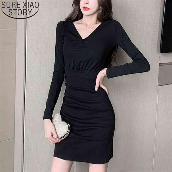 

elegant long sleeve mini dress french fashion pleated autumn v-neck cotton es for women vestidos mujer 11905 210506, Black;gray