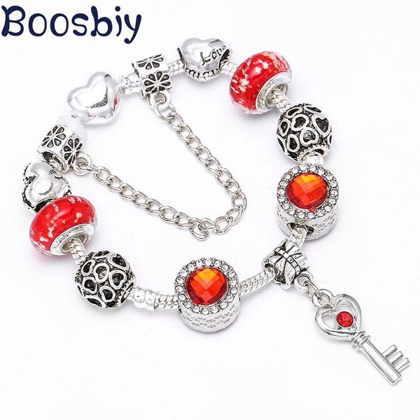

boosbiy european style love heart charm bracelets with red key pendant fit fine bracelet for women valentine's day gift, Golden;silver
