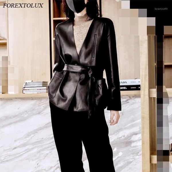

deep v-neck black faux leather jackets belt pu bomber jacket lady soft loose coat forextolux 2021 autumn spring women women's &
