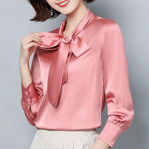 

women's blouses & shirts blusas mujer de moda 2021 long sleeve blouse women bow collar office pink chiffon womens and c461, White