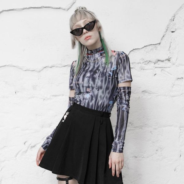 

women's t-shirt punkrave gothic daily high neck elastic mesh print simple atmosphere removable sleeves casual base, White