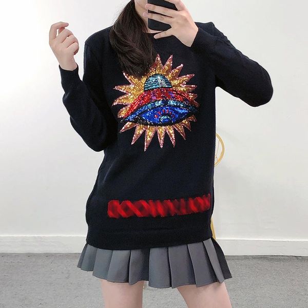 

women's sweaters autumn winter 2021 black plus-size long sleeve loose b embroidery sequined collar bottom sweater female o-neck knitted, White;black