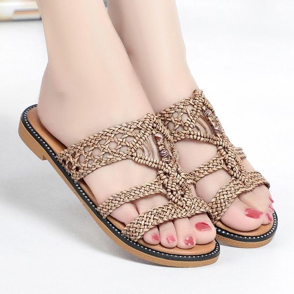 

slippers women's flip flops 2021 summer fashion flat sandals woman weave hollow shoes comfortable with, Black