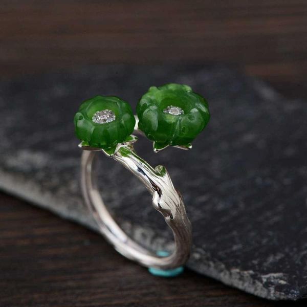 

silver ring for women jewelry 100% original pure s925 sterling rings flower natural hetian jade green stone cluster, Golden;silver