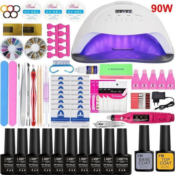 

manicure kit nail 90/80/54/36w lamp drill machine choose 10 color gel polish set extension tools1