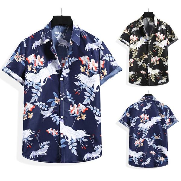 

men's t-shirts 40# turn-down collar oversized blousemen's summer fashion casual hawaiian flower shirt blouseshort sleeve blouse te, White;black