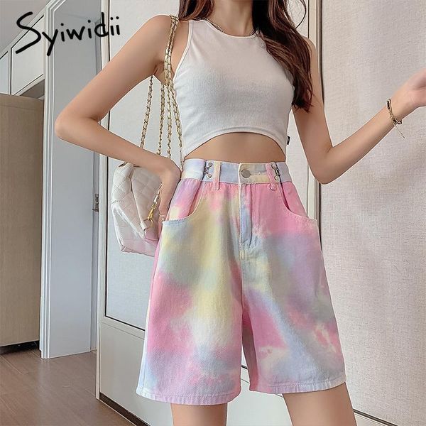 

women's jeans syiwidii jean denim shorts woman pink wide leg pants high waisted adjust waist baggy fashion streetwear 2021 summer, Blue