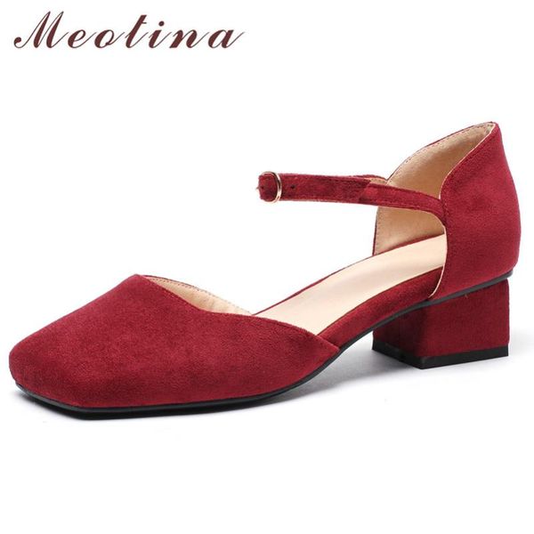 

dress shoes meotina women mid heels two-piece pumps square toe thick heel buckle footwear summer female beige red large size 43, Black